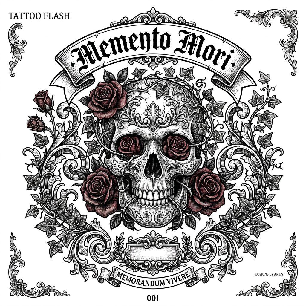 memorial-tattoo skull and roses memento
