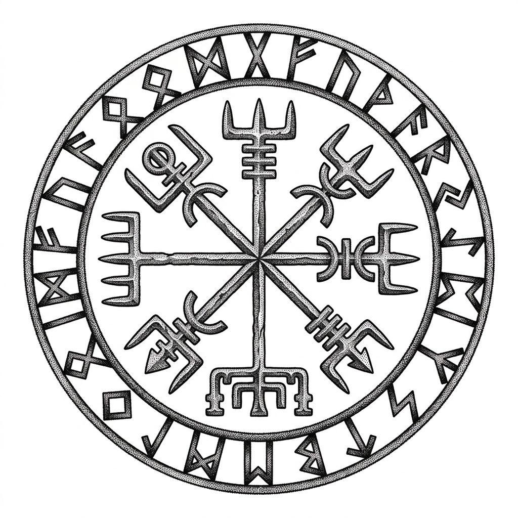 viking tattoo vegvisir runic compass, design on white background
