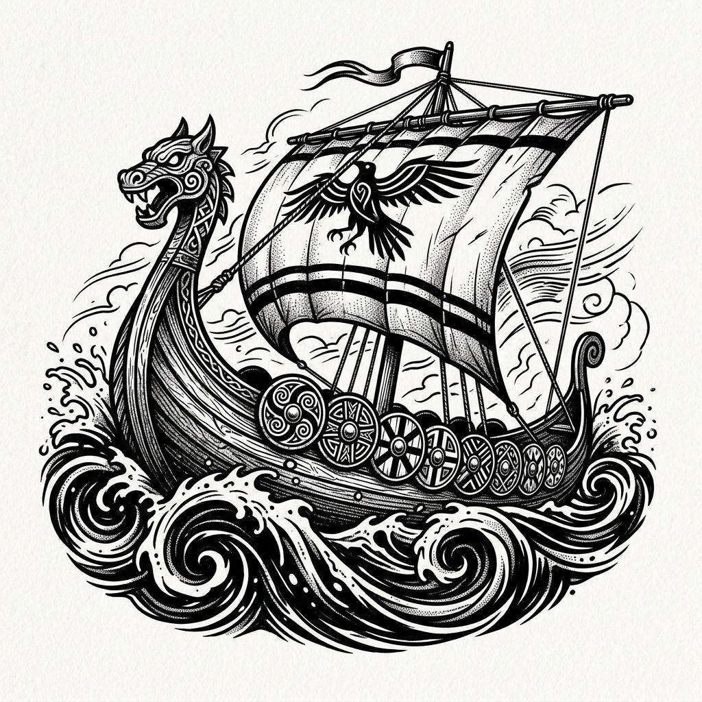 viking tattoo longship in a raging storm, design on white background