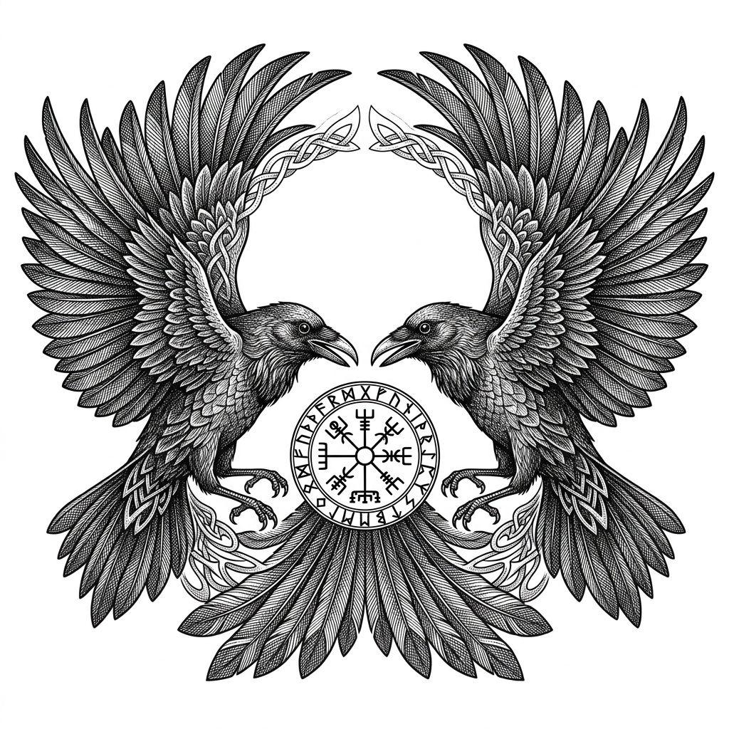 viking tattoo odin's ravens huginn and muninn, design on white background