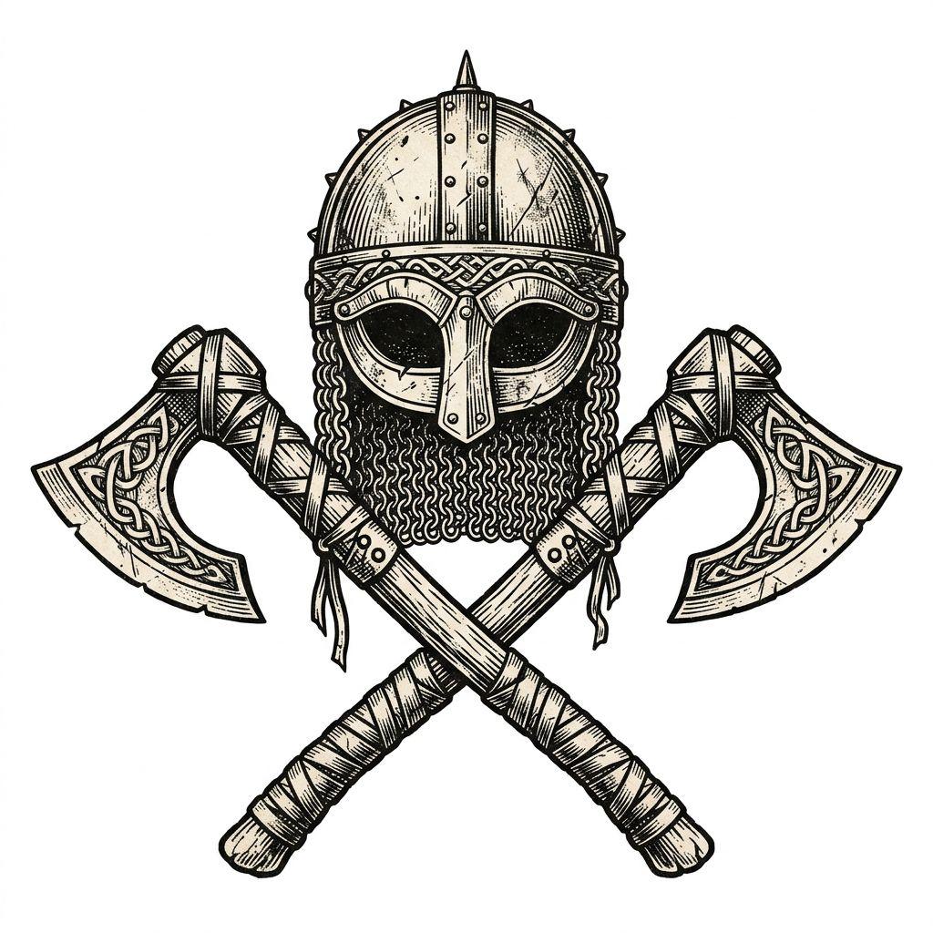 viking tattoo helmet and crossed axes, design on white background