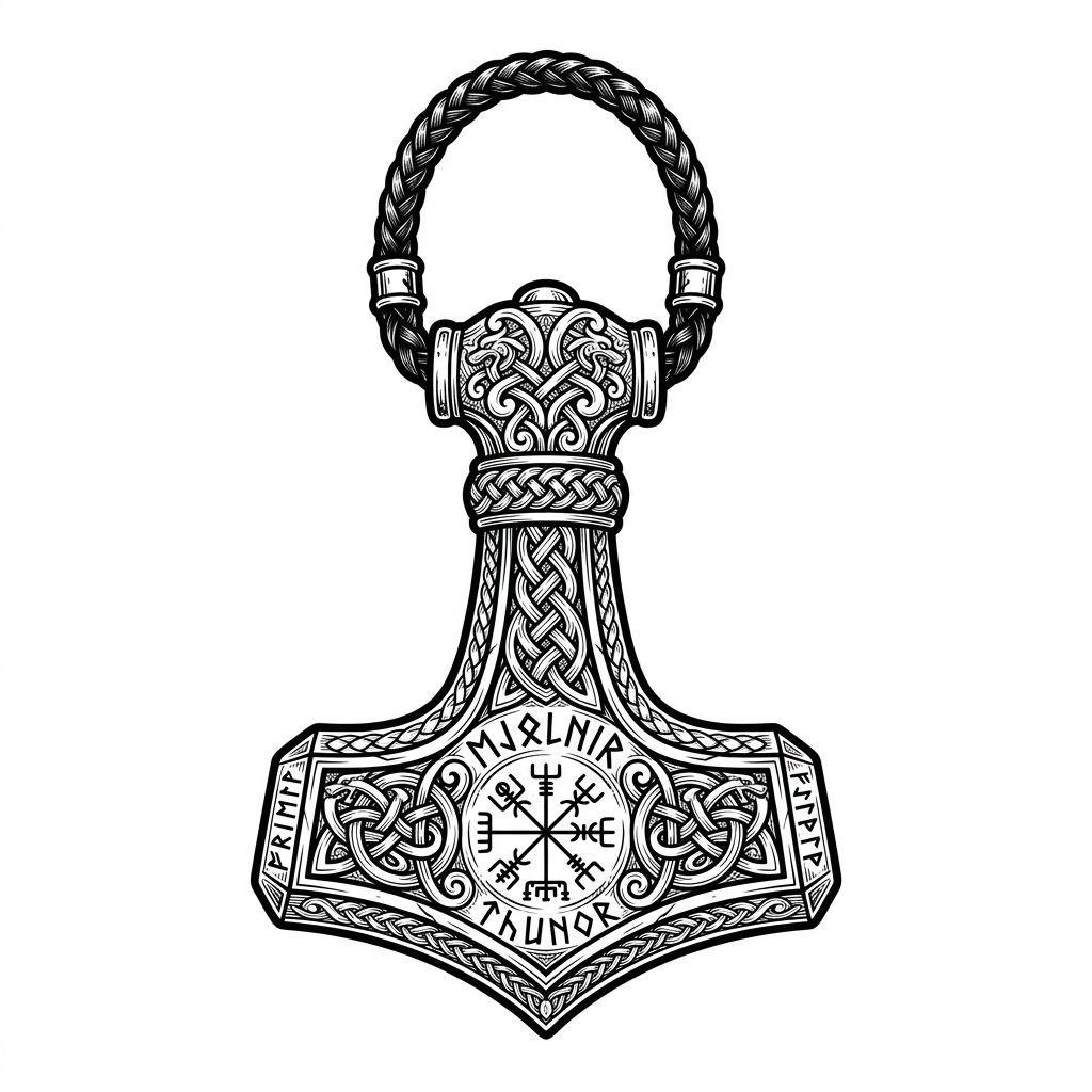 viking tattoo mjolnir, thor's hammer, design on white background