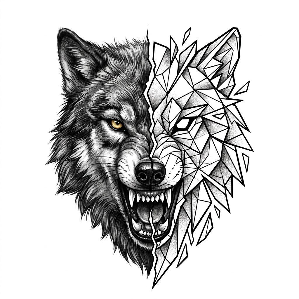 viking tattoo geometric fenrir wolf, design on white background