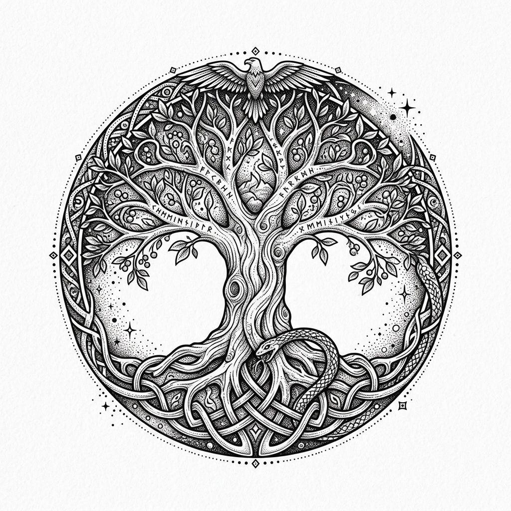 viking tattoo yggdrasil world tree, design on white background