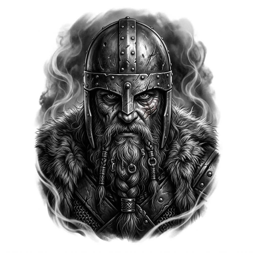 viking tattoo realistic berserker warrior, design on white background