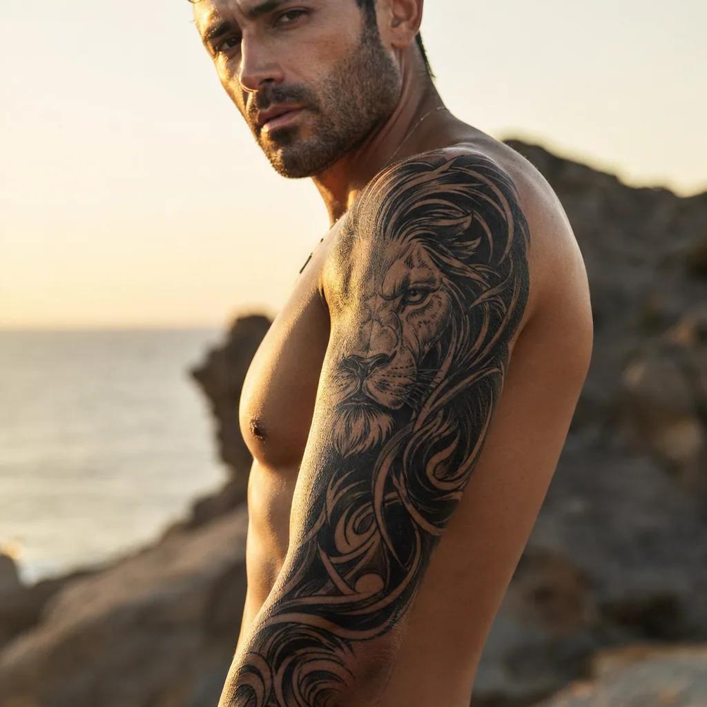 idée tatouage bras homme lion blackwork