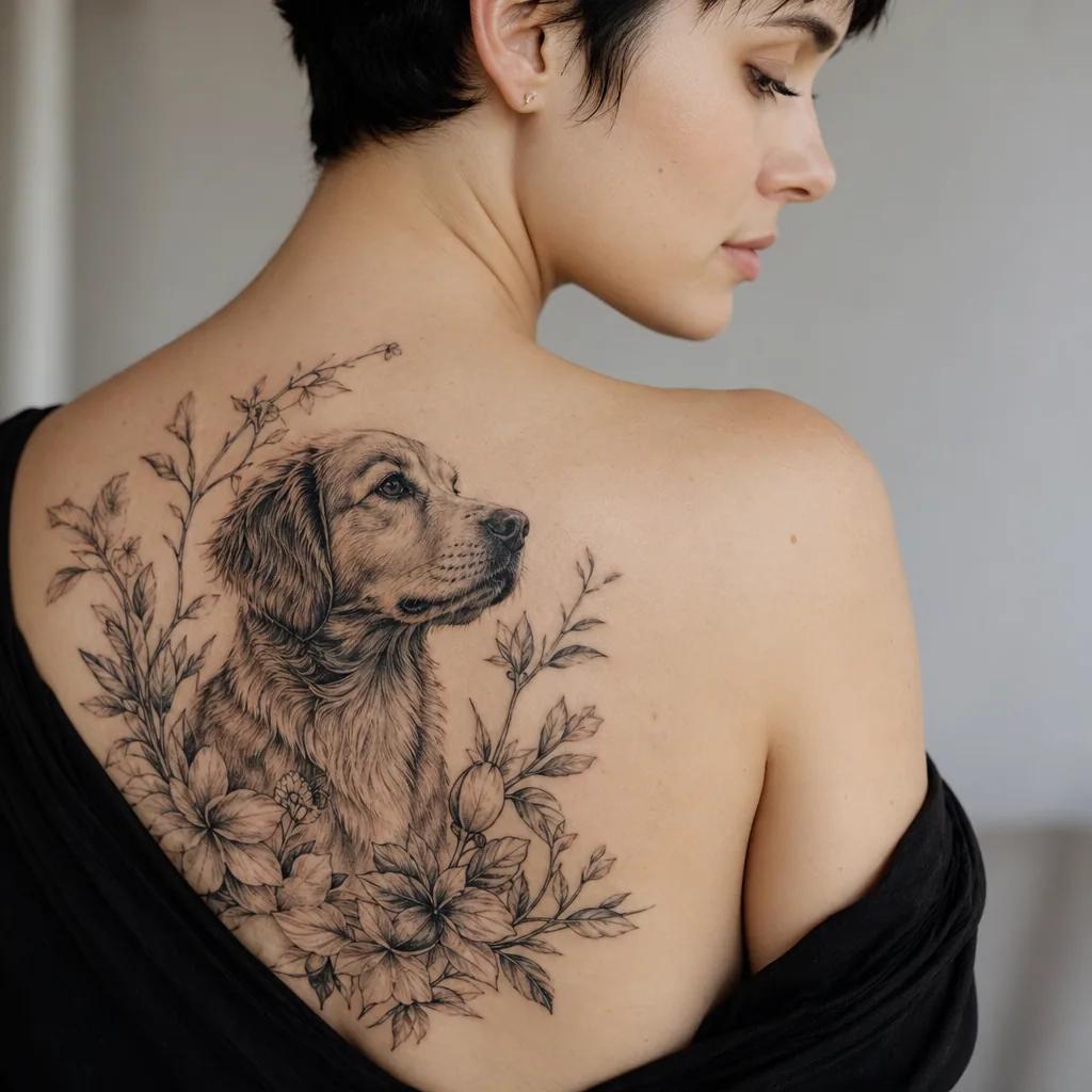 idée tatouage chien chien et fleurs