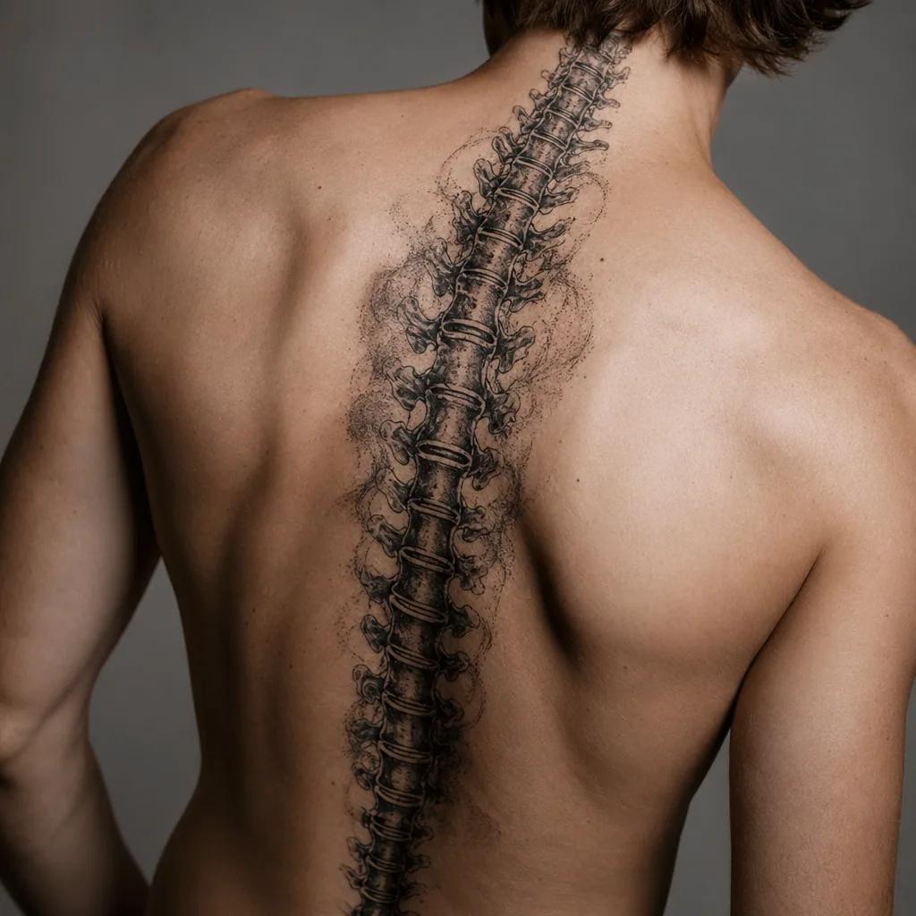 idée tatouage colonne vertébrale réalisme noir et gris