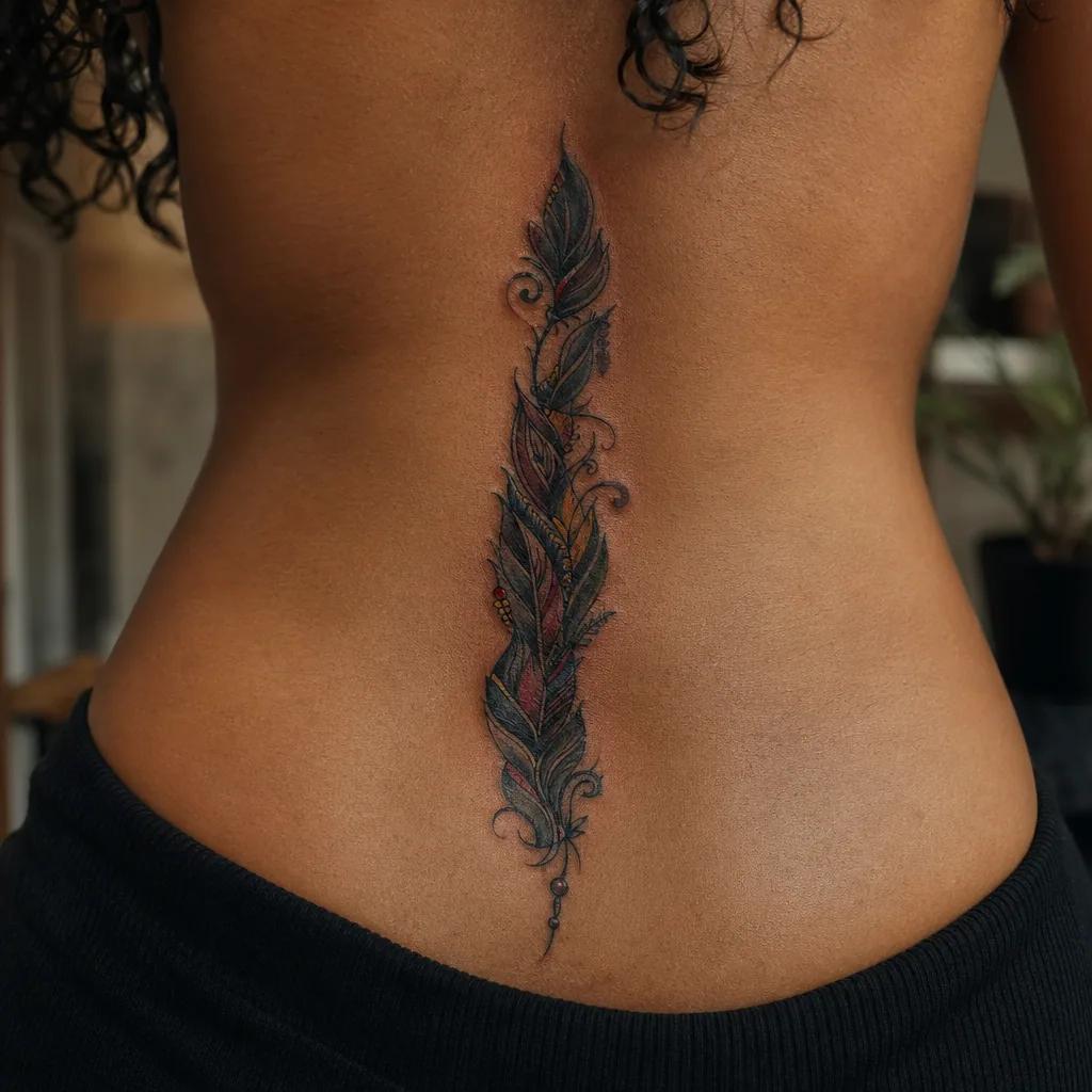 idée tatouage colonne vertébrale plumes néo-traditionnelles