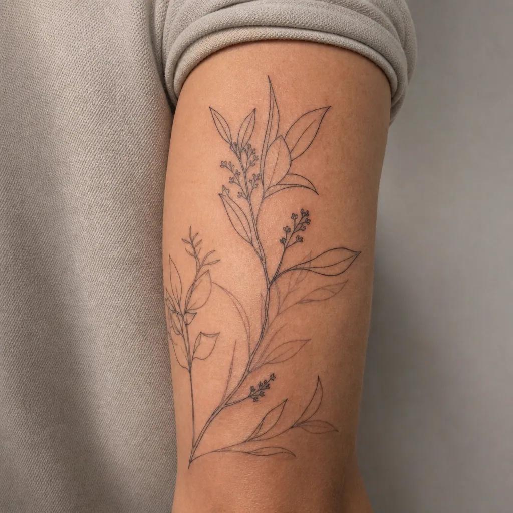 Tatouage botanique fine-line de feuilles couvrant l'arrière du bras, exemple de cover-up alternatif au détatouage laser