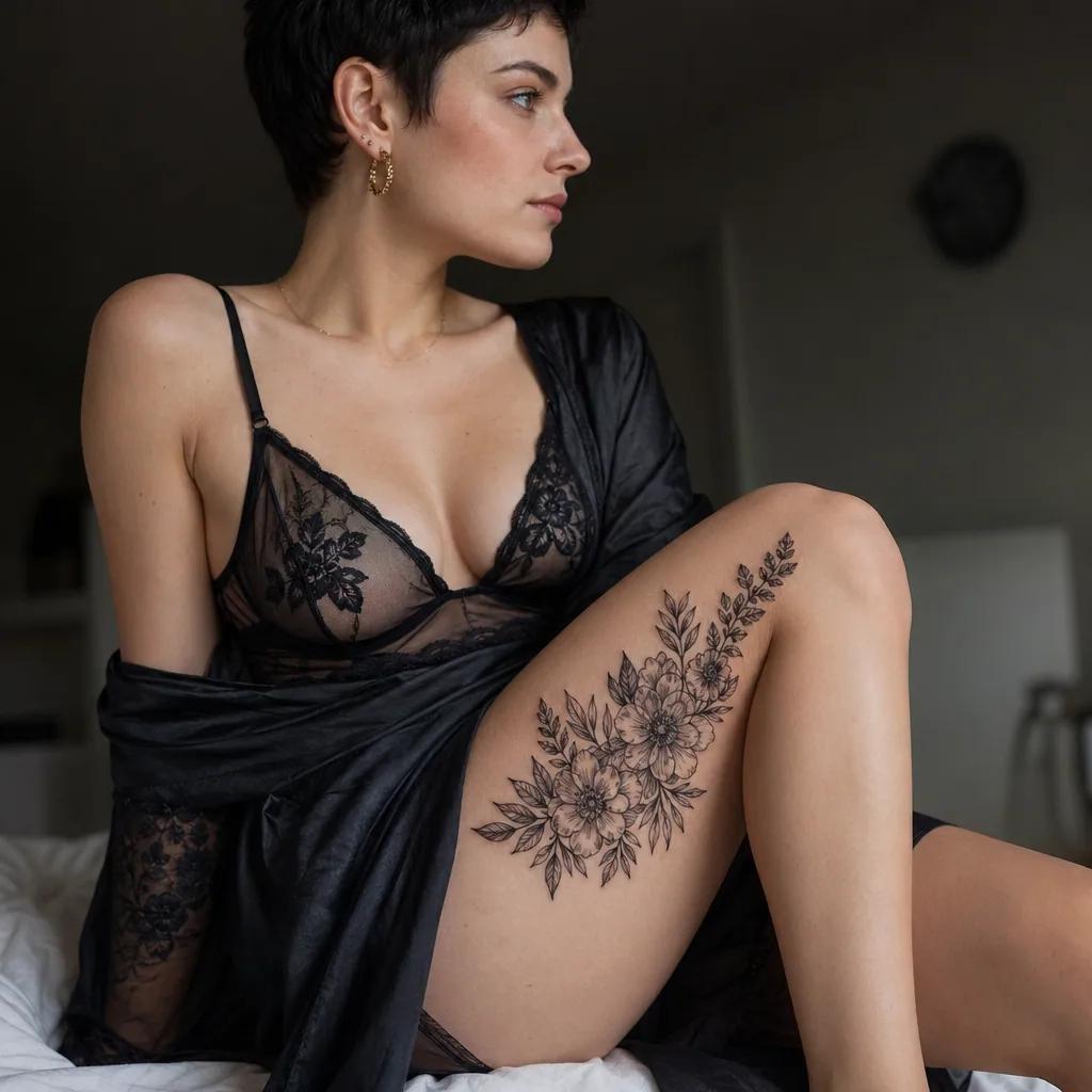 idée tatouage cuisse bouquet floral détaillé