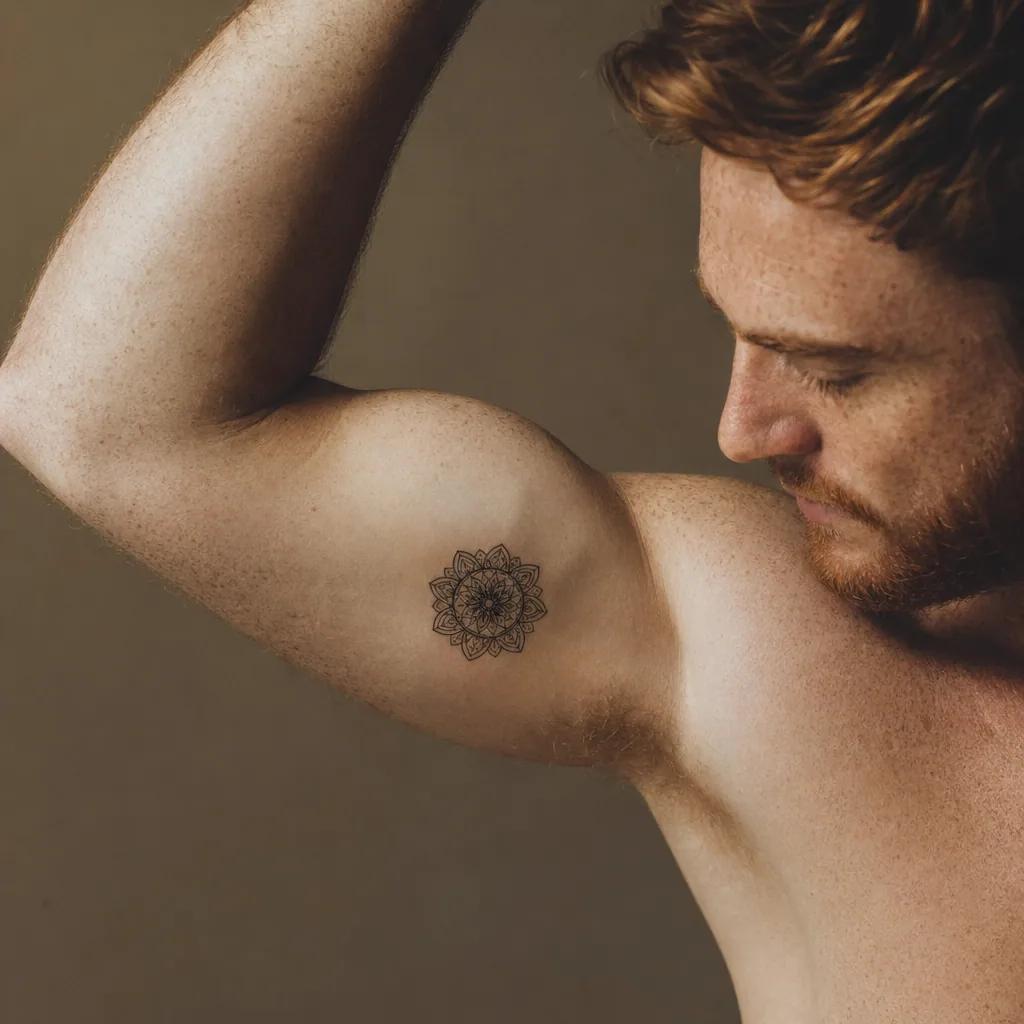 Tatouage mandala discret sur l'intérieur du biceps, invisible sous t-shirt classique