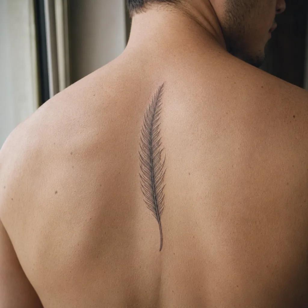 Tatouage plume fine-line sur le haut du dos, invisible en toutes circonstances habillé