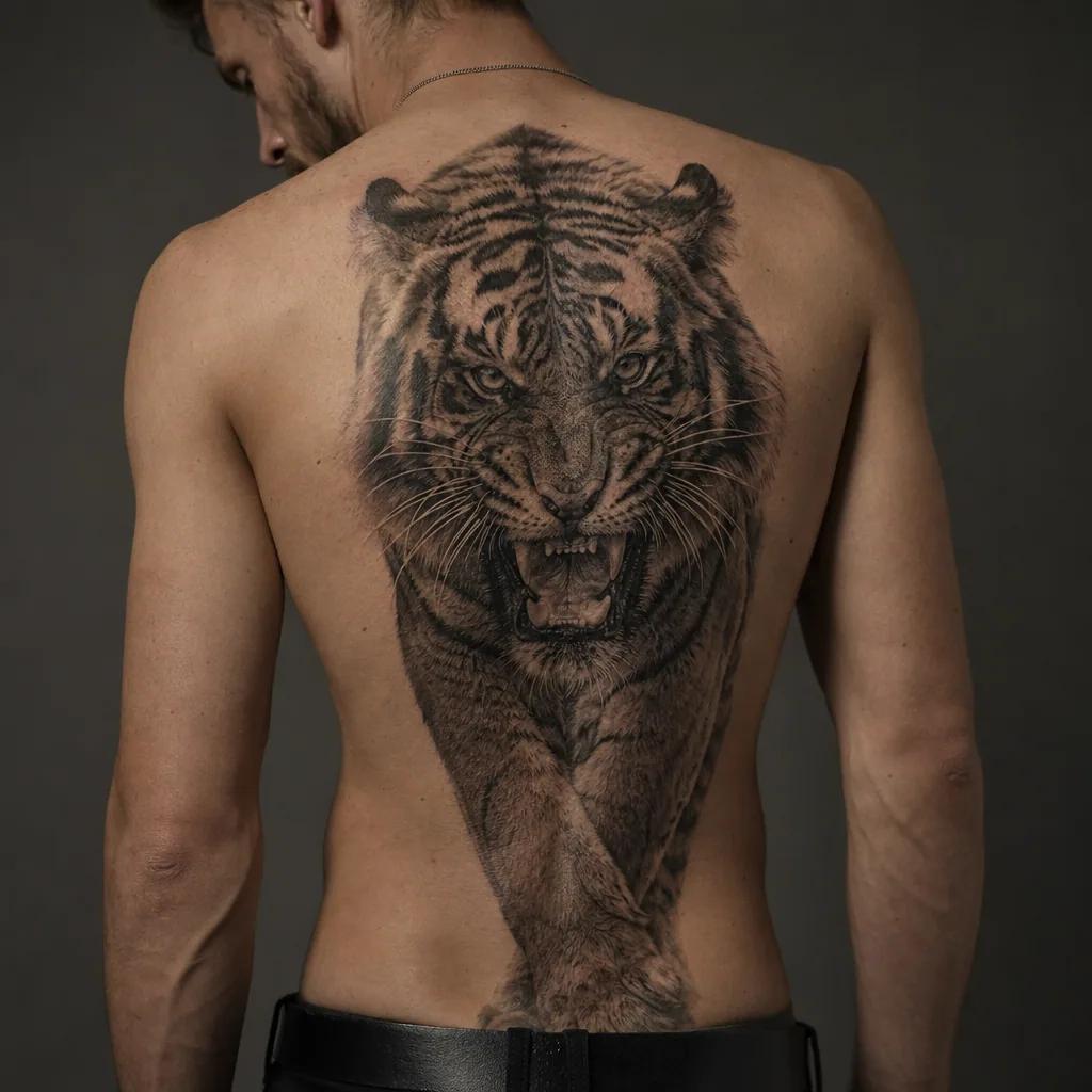 idée tatouage dos tigre réaliste rugissant