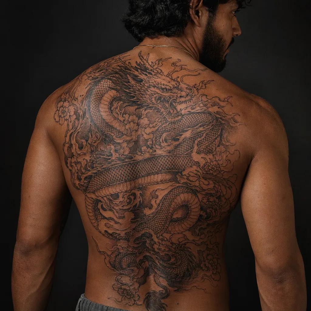 idée tatouage dos dragon japonais sinueux