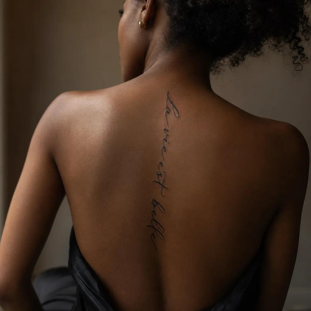 idée tatouage dos phrase verticale calligraphiée