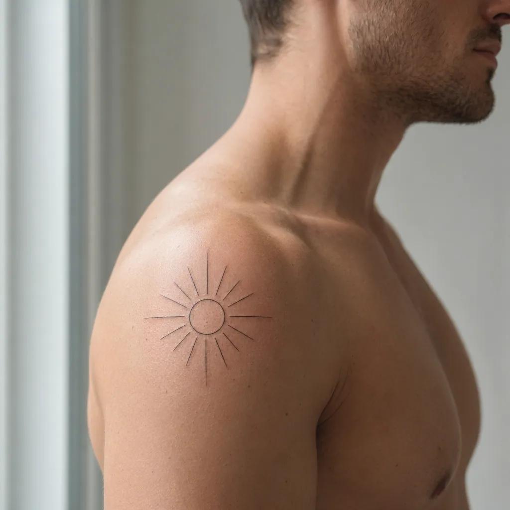 idée tatouage épaule soleil minimaliste rayonnant