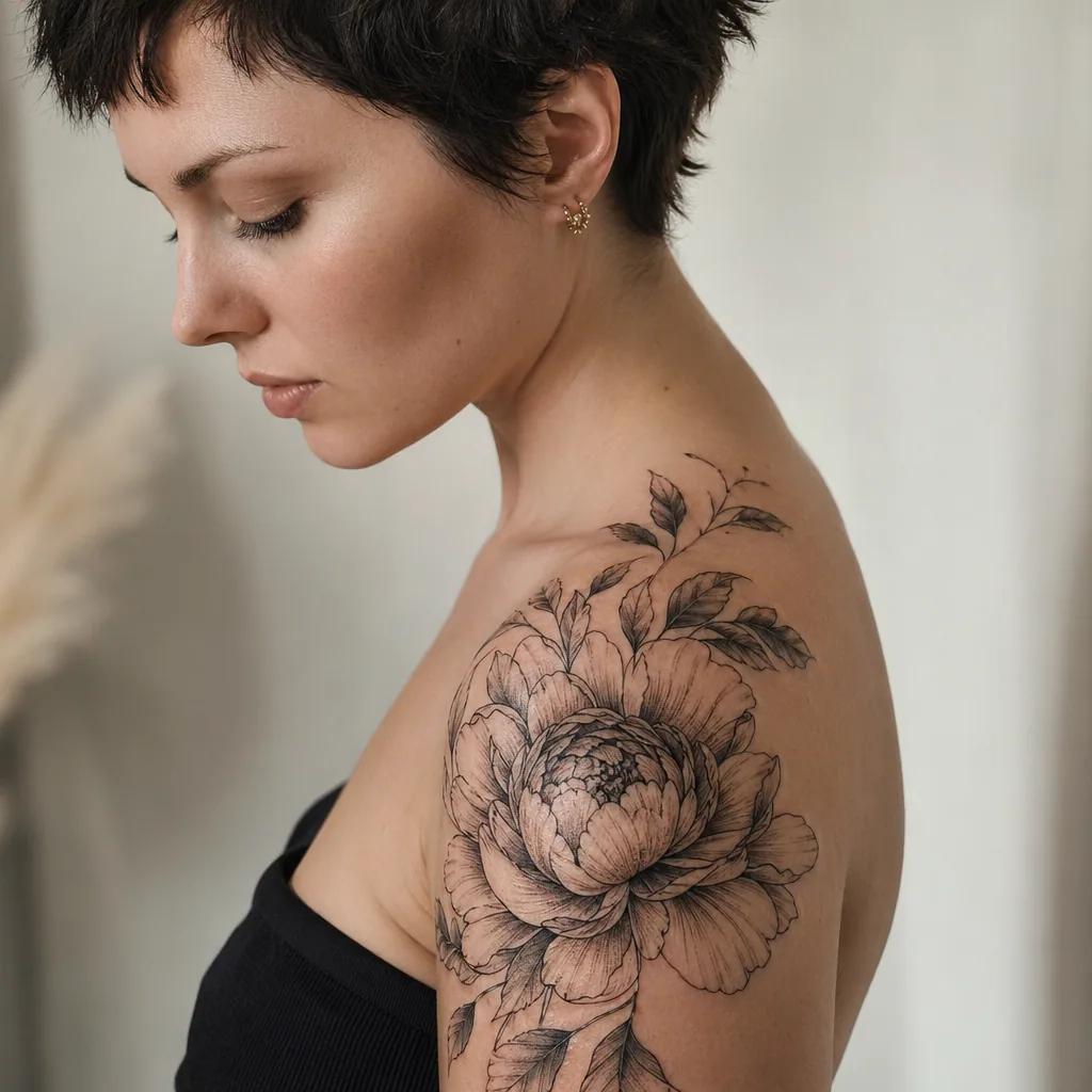 idée tatouage épaule pivoine florale détaillée