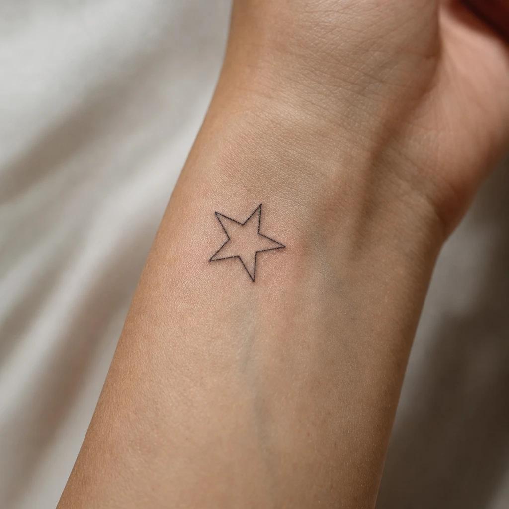Five-pointed star tattoo in fine-line outline on a woman's wrist