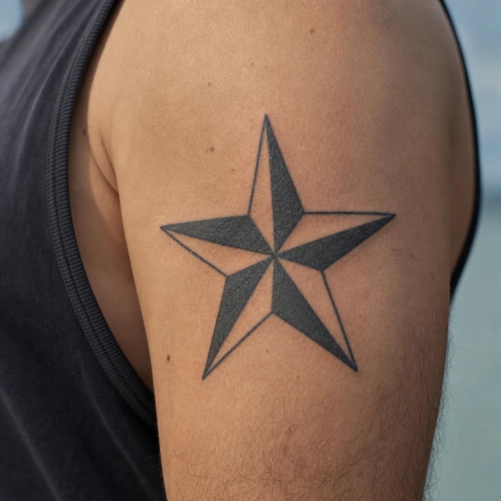 Nautical star tattoo with five shaded points in blackwork on a man's shoulder