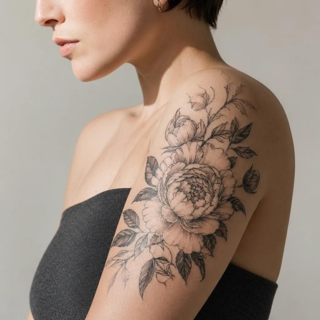 idée tatouage femme bras pivoine florale composition