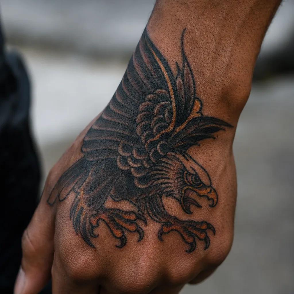 idée tatouage main homme aigle néo-traditionnel
