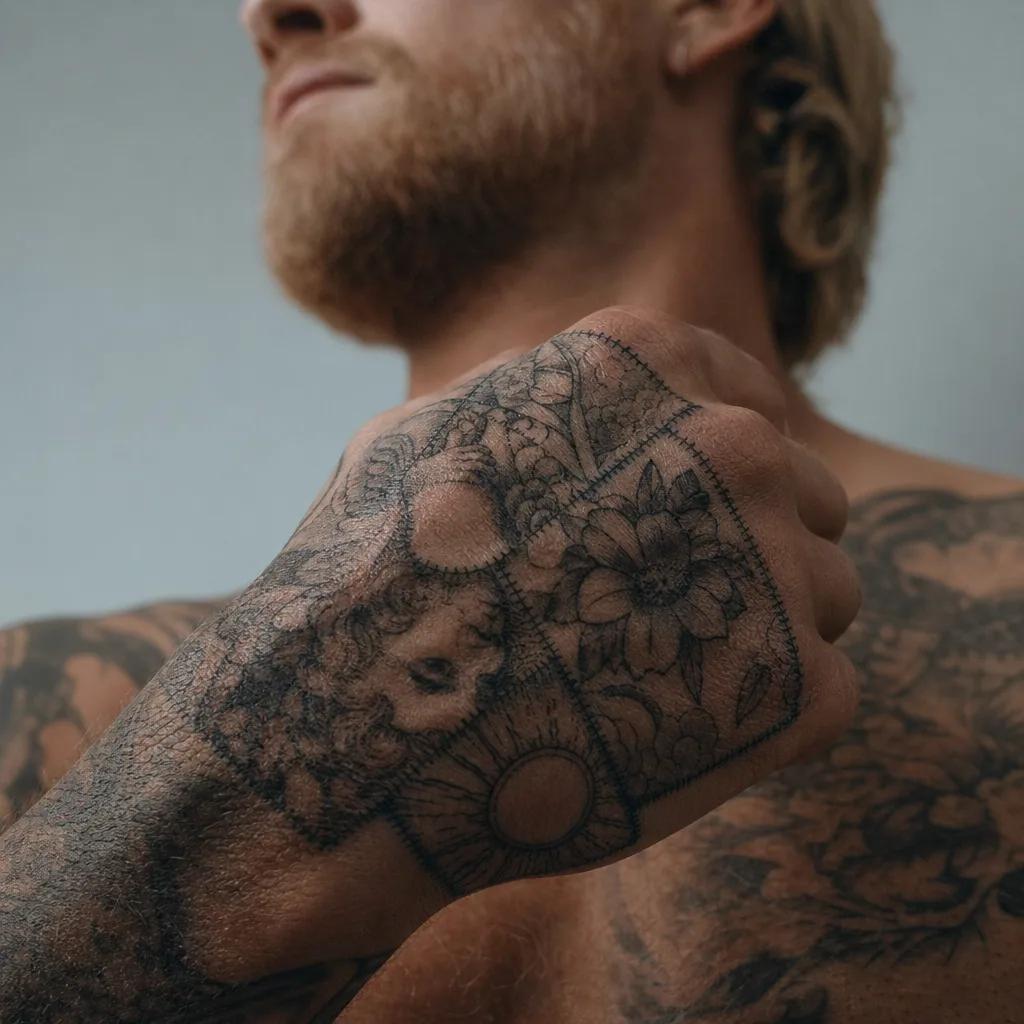idée tatouage main homme patchwork main homme