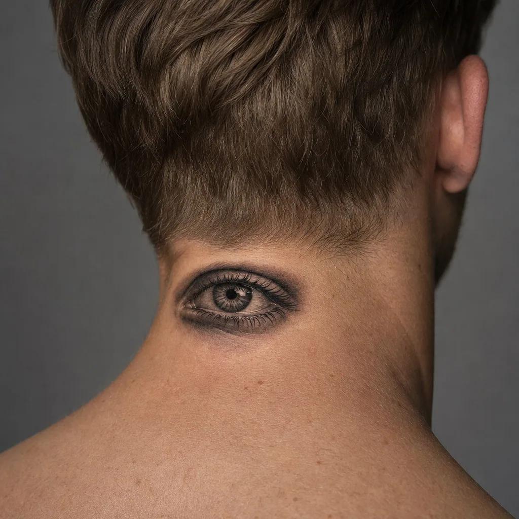 idée tatouage nuque œil micro-réaliste