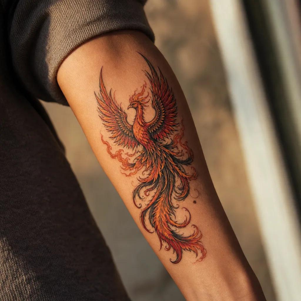 idée tatouage phenix phenix néo-traditionnel flammes