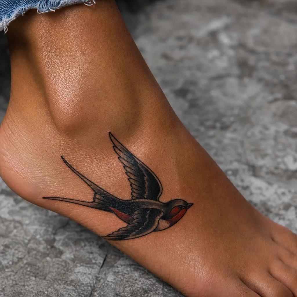 idée tatouage pied hirondelle néo-traditionnelle