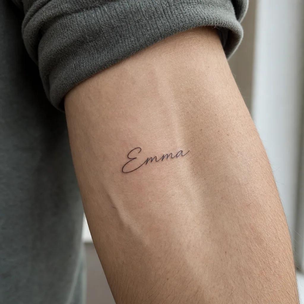 Prénom Emma tatoué en script fin sur l'avant-bras d'un homme, exemple typique de tatouage de couple qu'on regrette après une rupture
