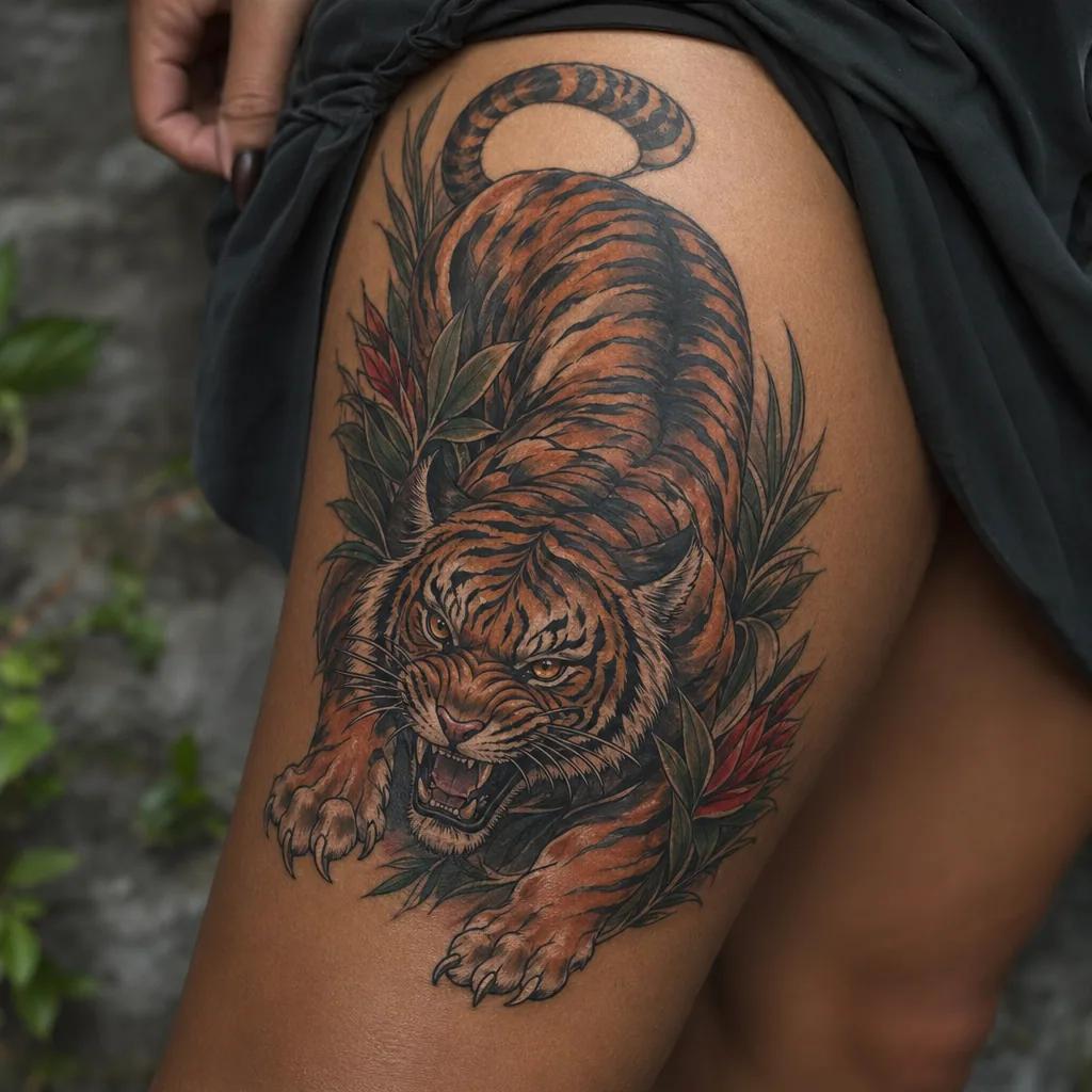 thigh-tattoo neo-traditional tiger