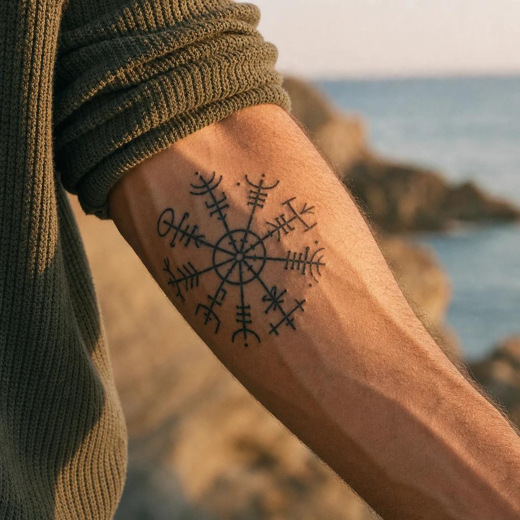 viking tattoo vegvisir runic compass, realistic photo on skin