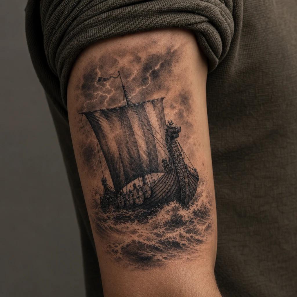 viking tattoo longship in a raging storm, realistic photo on skin