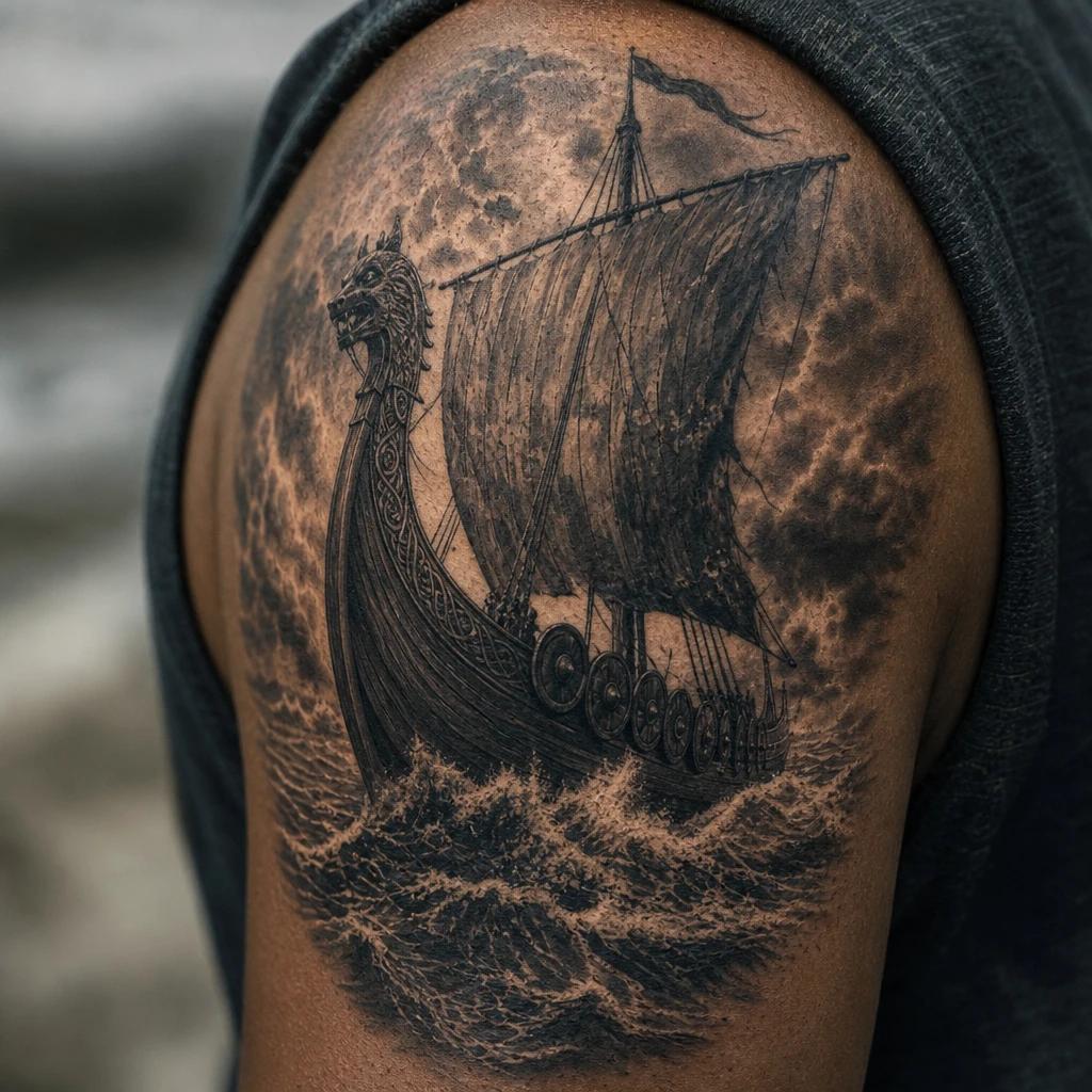 viking tattoo longship in a raging storm, realistic photo on skin