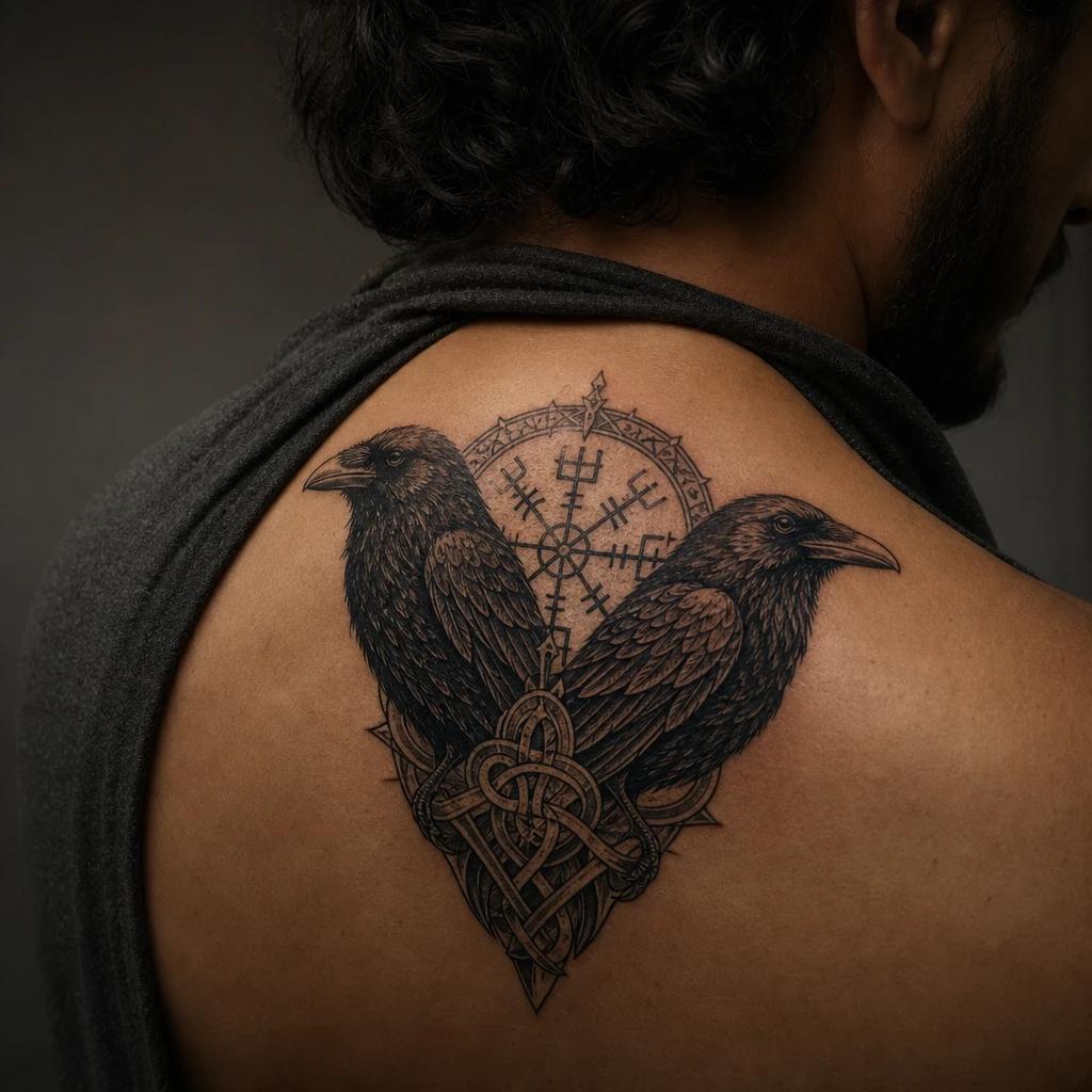 viking tattoo odin's ravens huginn and muninn, realistic photo on skin