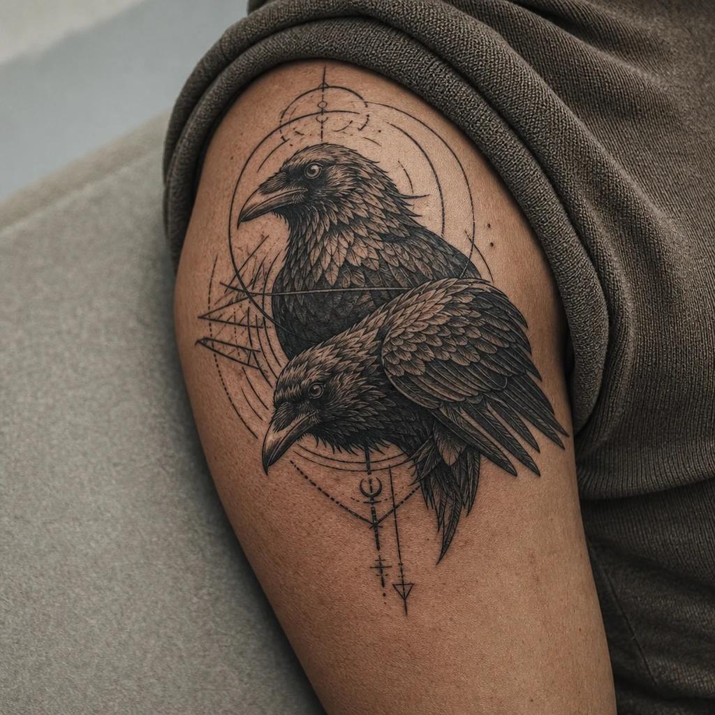 viking tattoo odin's ravens huginn and muninn, realistic photo on skin