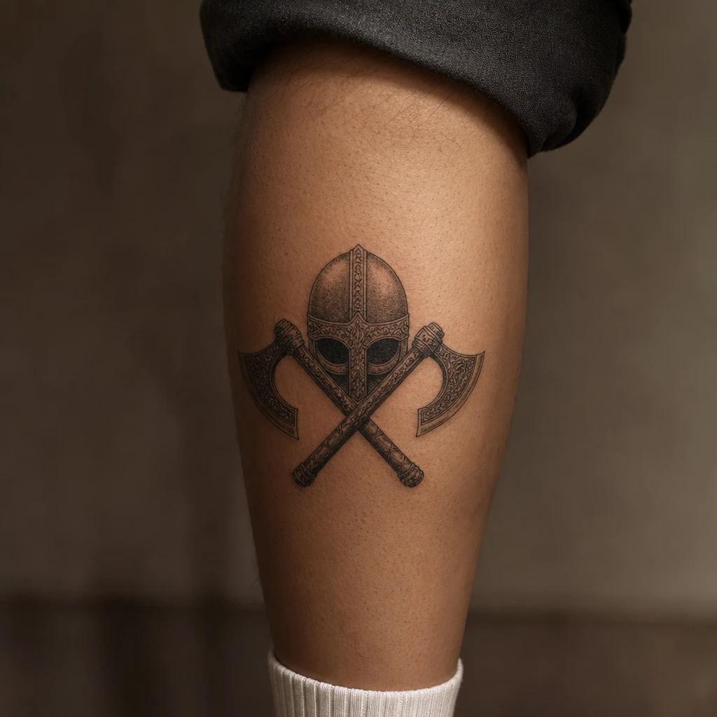 viking tattoo helmet and crossed axes, realistic photo on skin