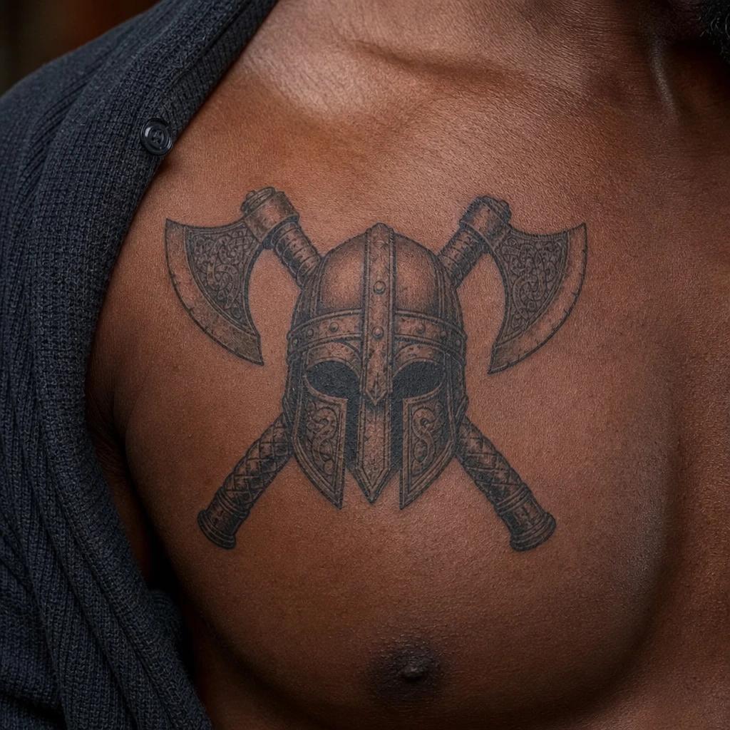 viking tattoo helmet and crossed axes, realistic photo on skin