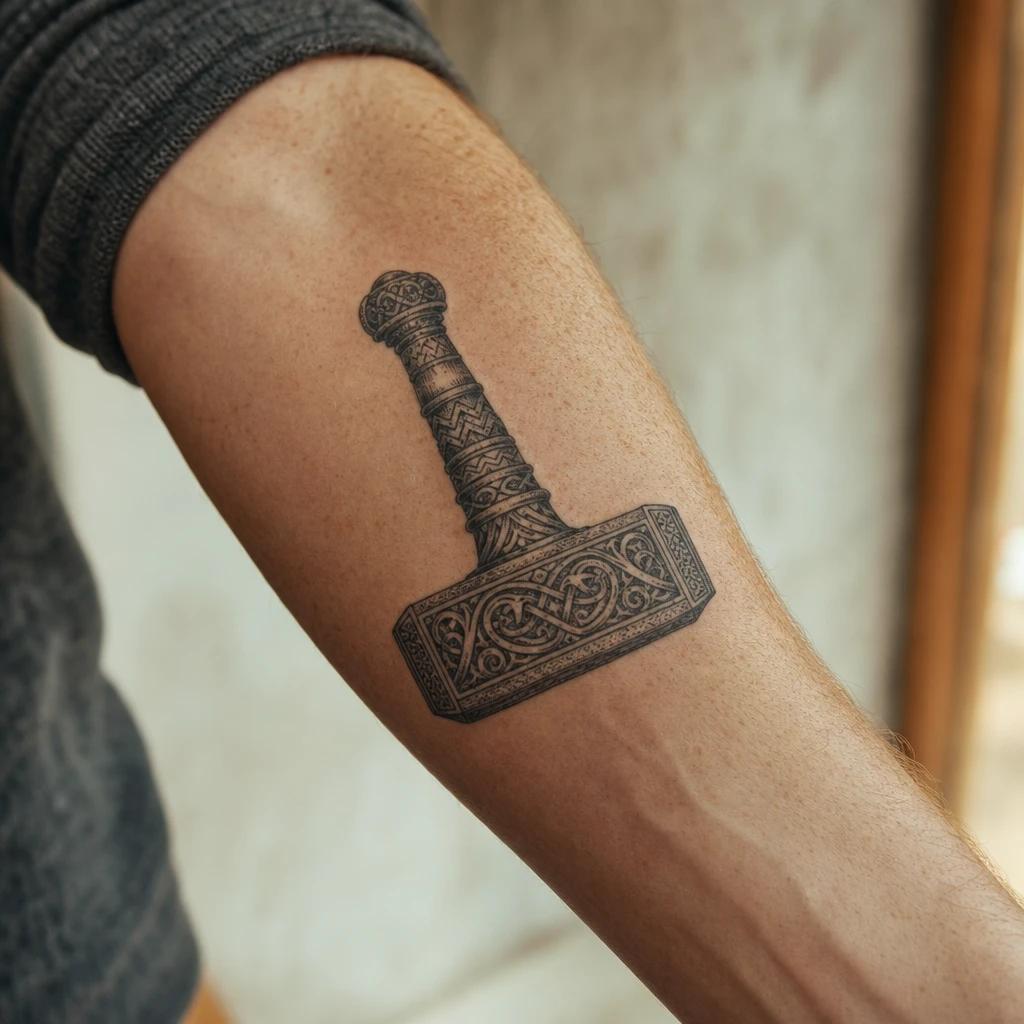 viking tattoo mjolnir, thor's hammer, realistic photo on skin
