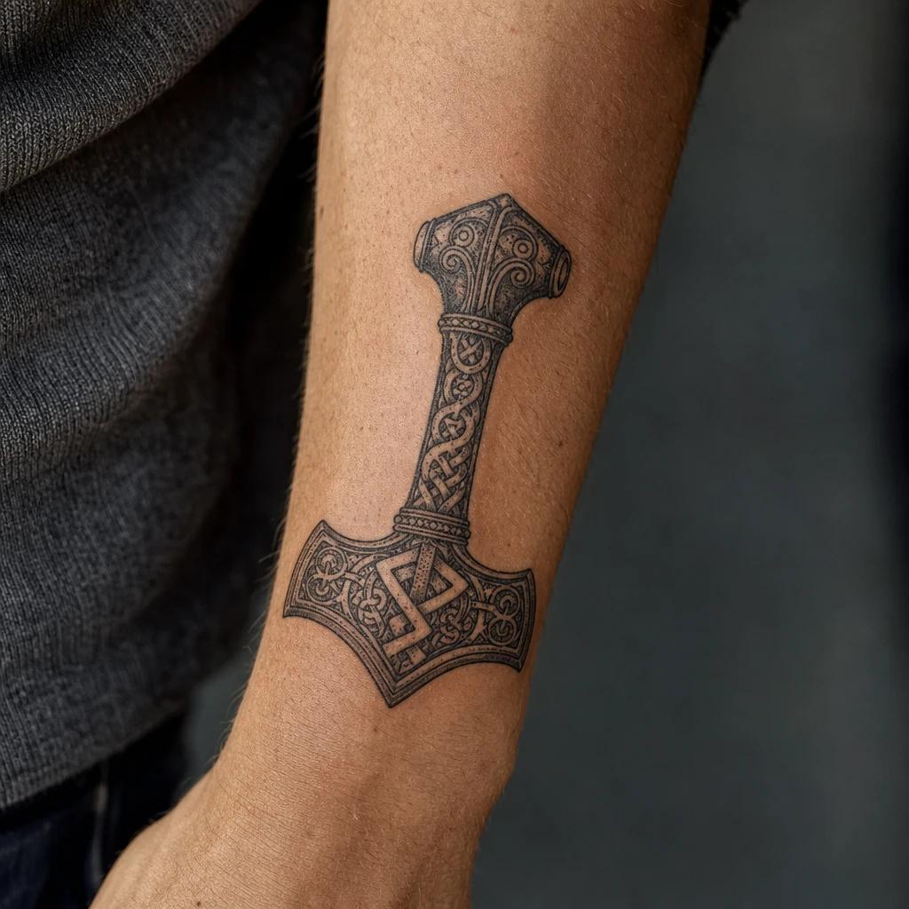 viking tattoo mjolnir, thor's hammer, realistic photo on skin