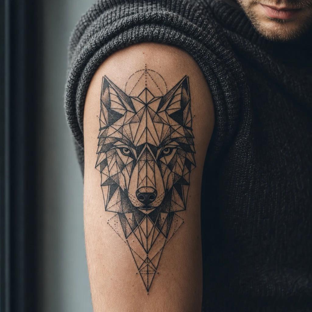 viking tattoo geometric fenrir wolf, realistic photo on skin