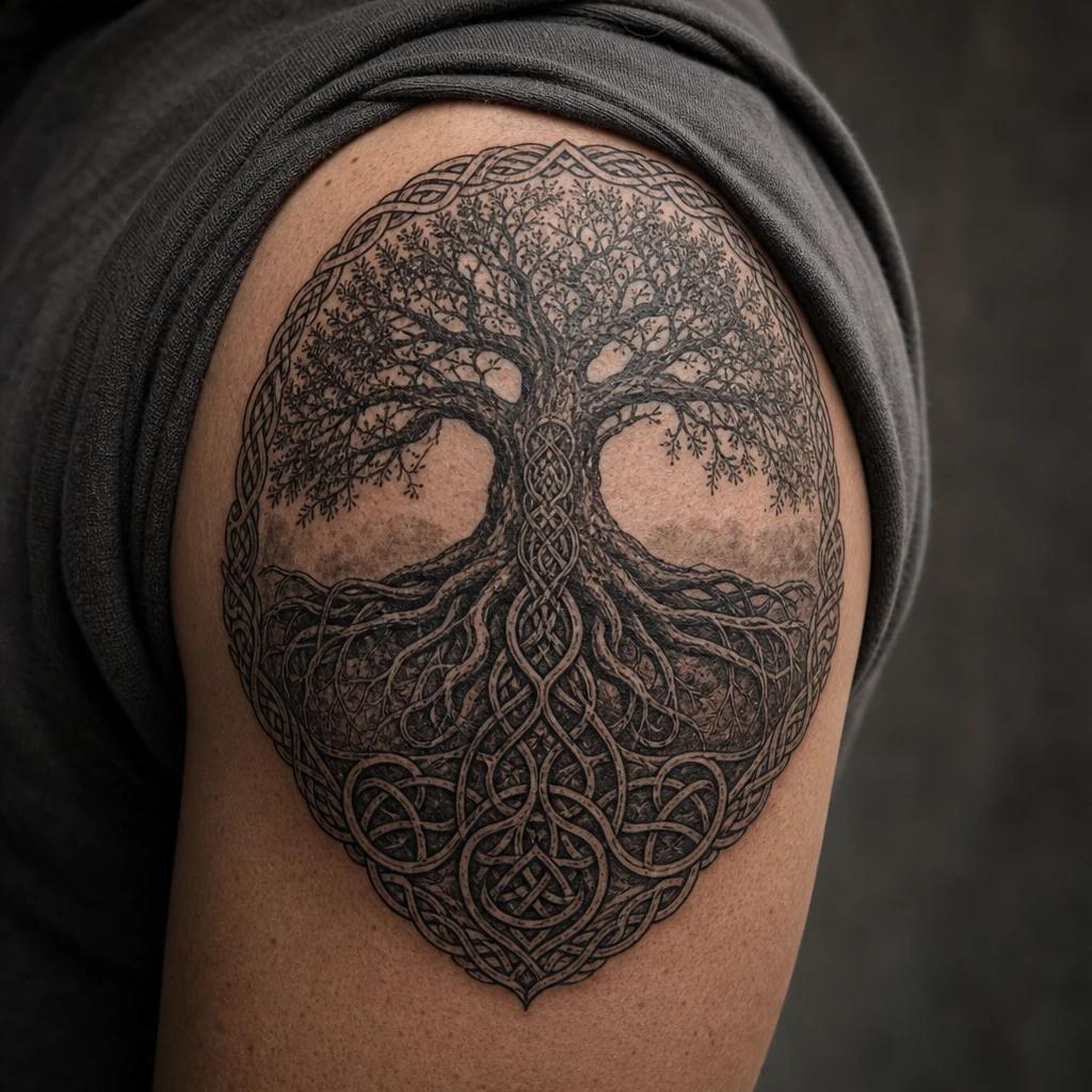 viking tattoo yggdrasil world tree, realistic photo on skin
