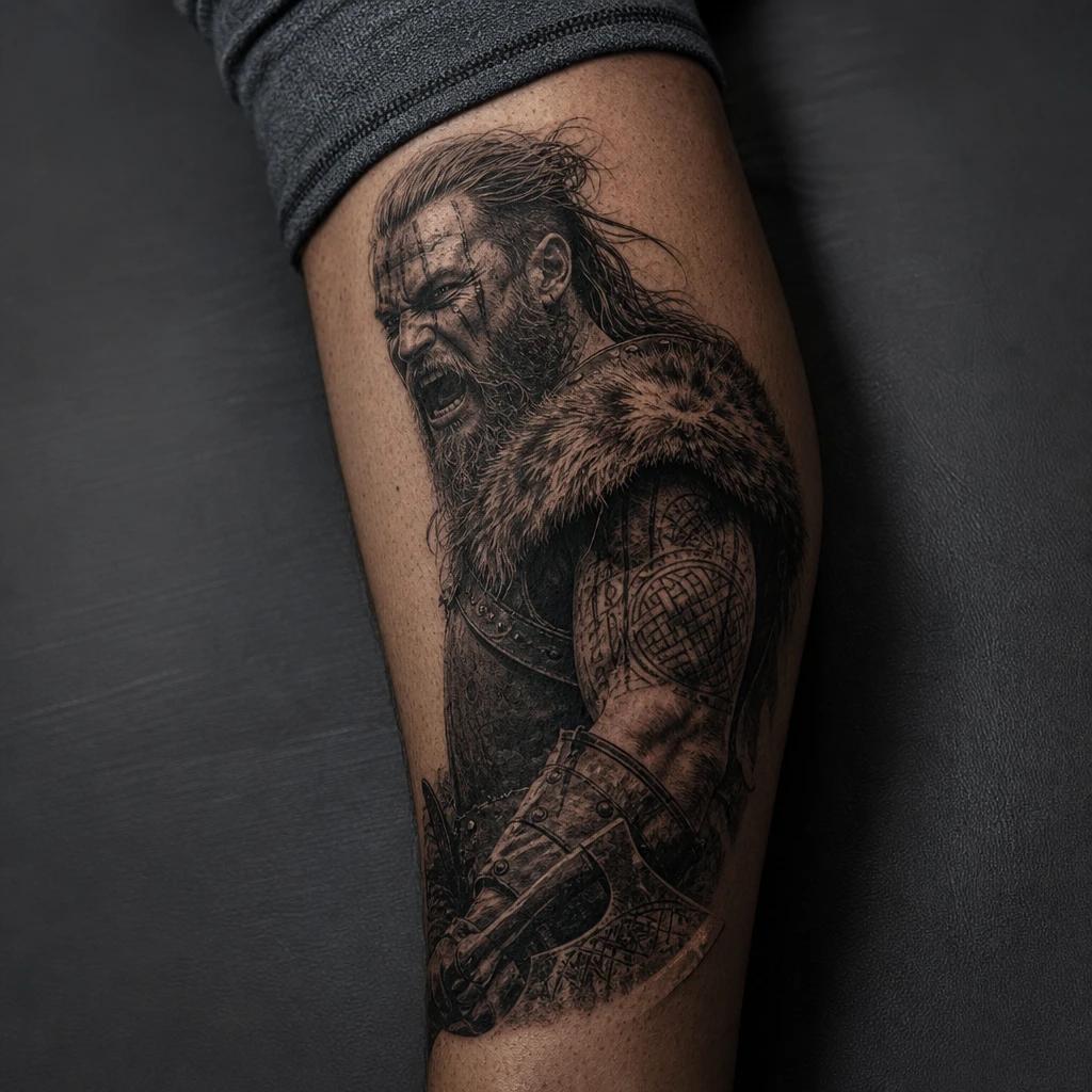 viking tattoo realistic berserker warrior, realistic photo on skin