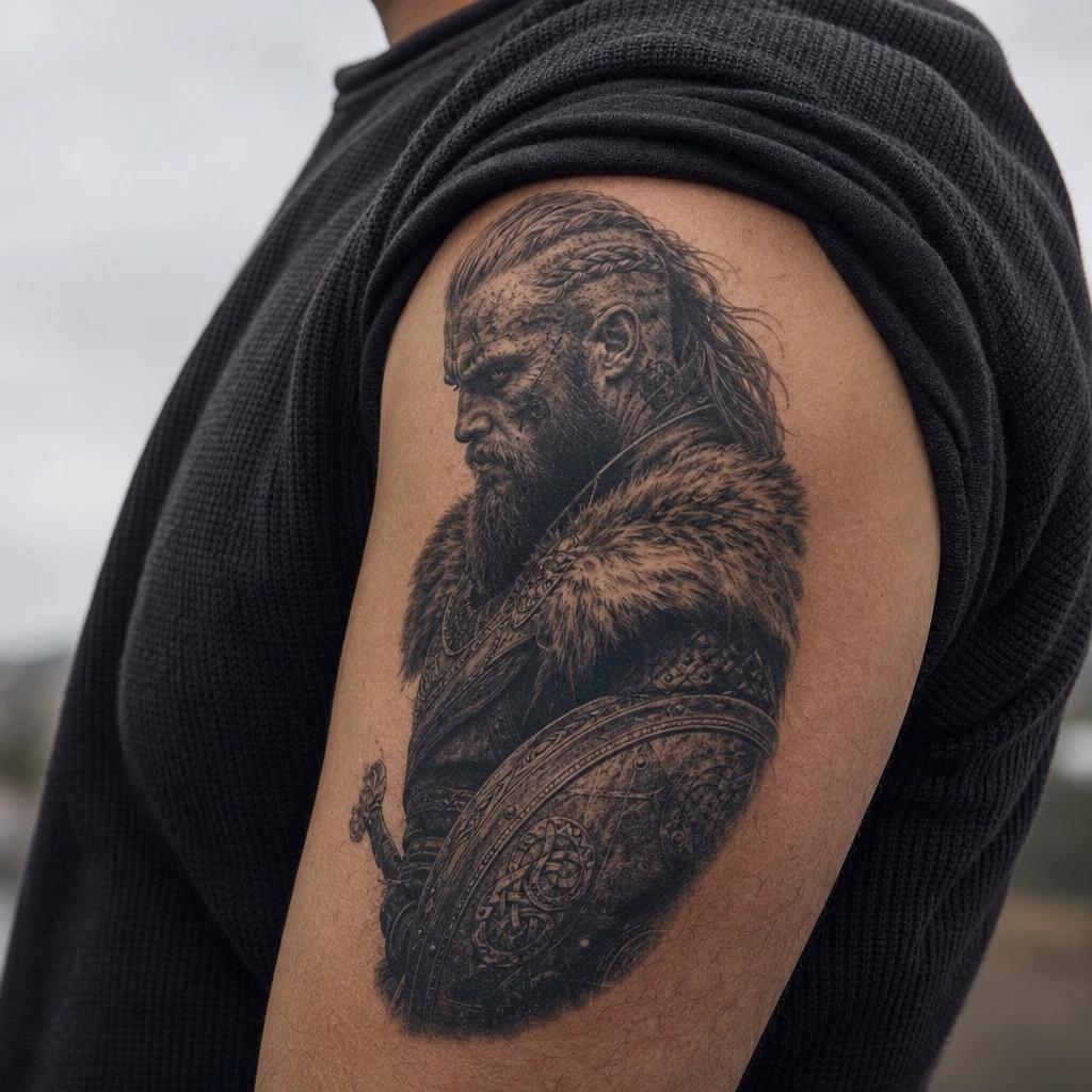 viking tattoo realistic berserker warrior, realistic photo on skin