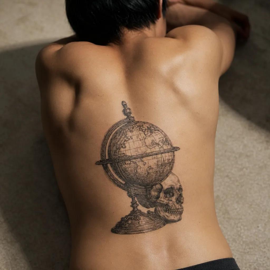 idée tatouage voyage globe et crâne