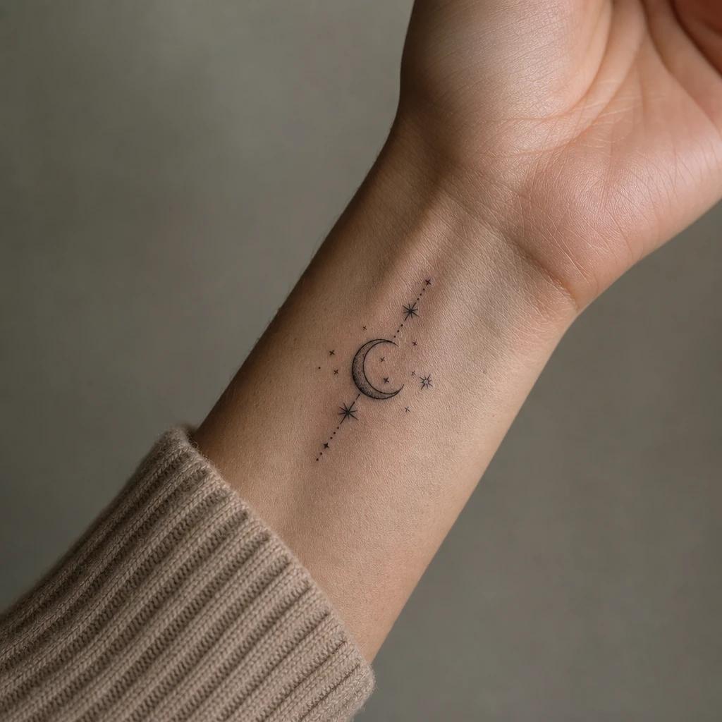 women's wrist tattoo moon and stars, realistic photo on skin