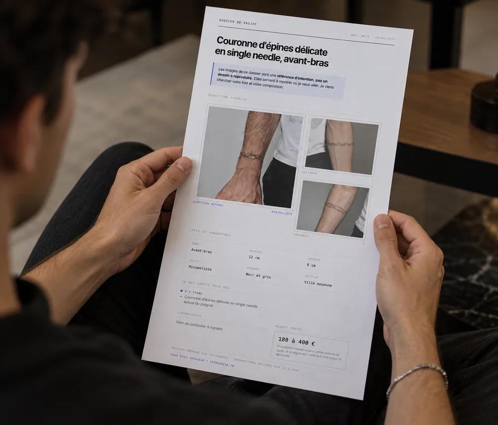 Person sitting and holding a printed tattoo project brief showing a delicate crown of thorns design in single needle on the forearm, its variations, the specs and the planned budget.
