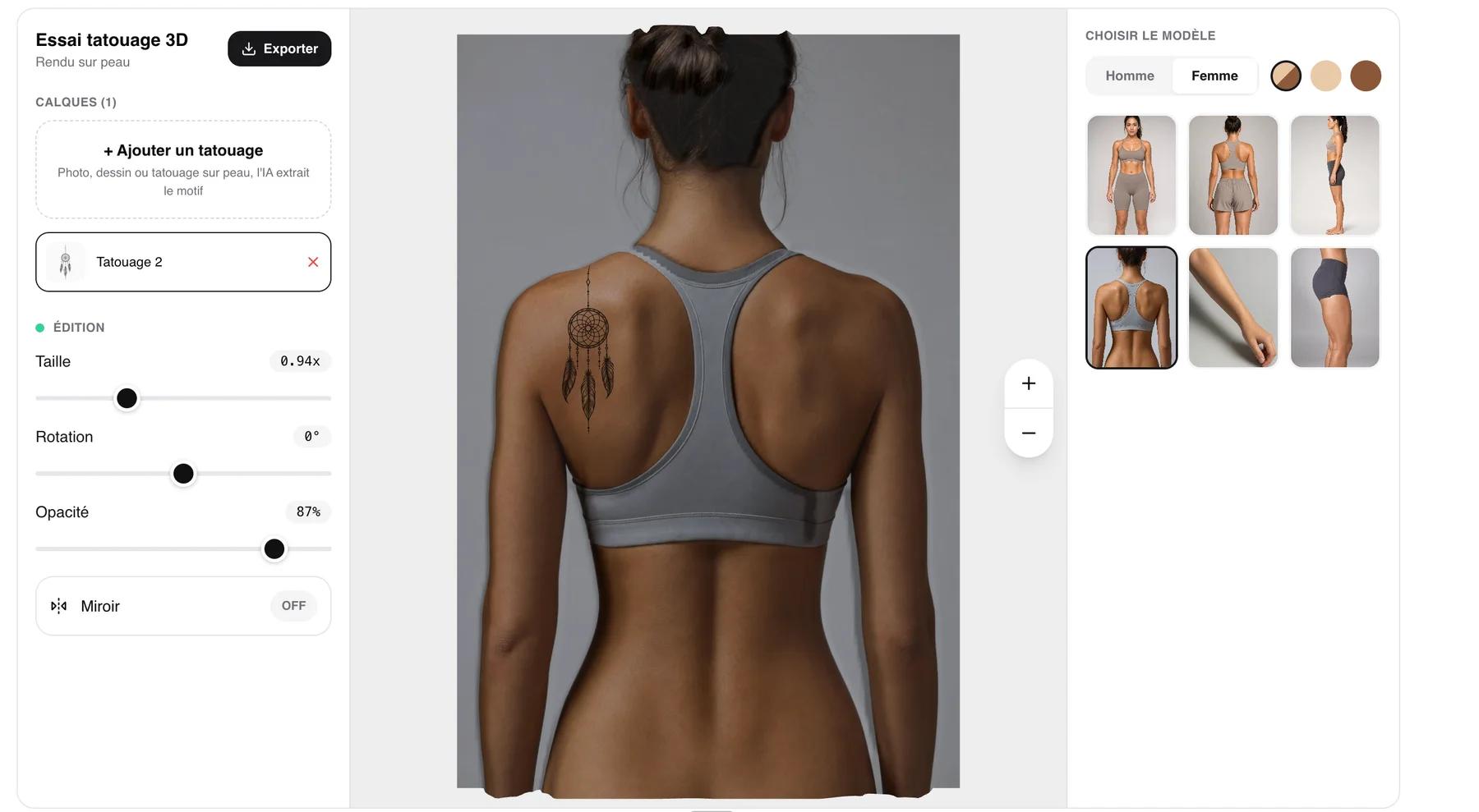 L'editeur d'essai tatouage 3D de TatouageIA : un attrape-reves pose sur le dos d'un modele, avec les reglages de taille, rotation, opacite et le choix du modele homme ou femme