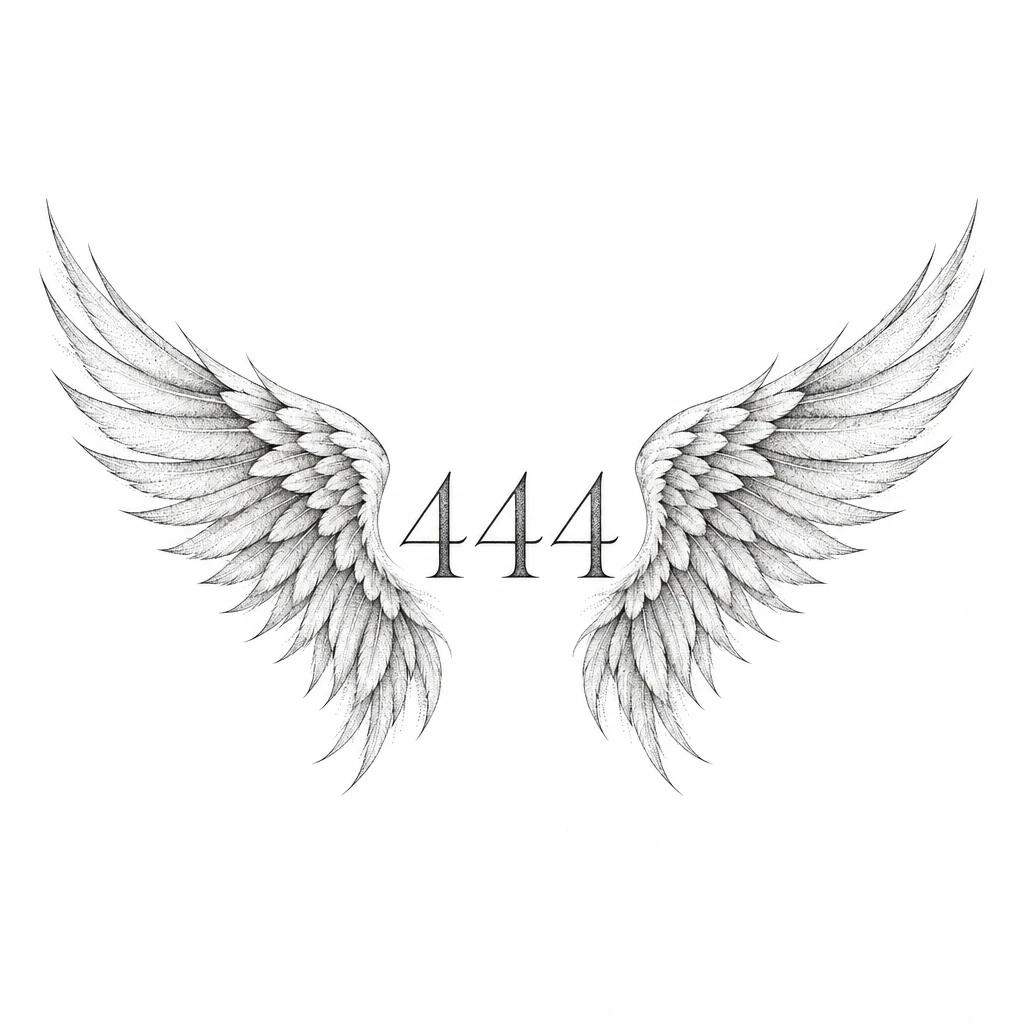 444 tattoo design framed by two spread angel wings with dotwork feathers